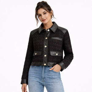 NWT Women's EXPRESS Black Tweed Faux Leather Classic Jacket L